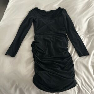 Express black ruched long sleeve midi dress